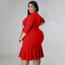 SC Plus Size Solid V Neck 3/4 Sleeve Ruffled Bodycon Dress NNWF-7555
