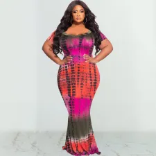 SC Plus Size Tie Dye Print Short Sleeve Maxi Dress OSIF-22290