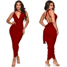SC Solid Color Sexy Backless Ruched Maxi Dress YF-10056