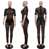 SC Sexy See through Lace Short Sleeve Bodysuit And Pants 2 Piece Sets YF-10072