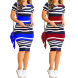 SC Short Sleeve Striped Print Midi Dress YF-9848