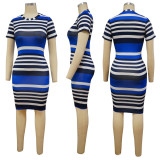 SC Short Sleeve Striped Print Midi Dress YF-9848