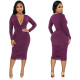 SC Solid Color Long Sleeve Skinny Ruched V-neck Midi Dress YF-10027