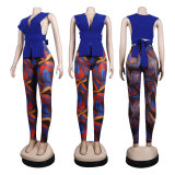 SC Sexy Solid Tie Up Sleeveless Top Print Pants Two Piece Sets FSXF-F312