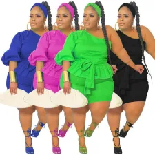 SC Plus Size Solid One Shoulder Peplum Top And Shorts Sets MOF-8906