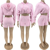 SC Solid Hooded Crop Top And Shorts 2 Piece Sets FNN-8681