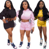 SC Solid Hooded Crop Top And Shorts 2 Piece Sets FNN-8681