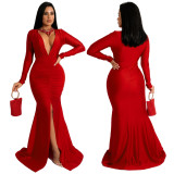 SC Solid Color Sexy V-Neck Slit Evening Dress YF-10036