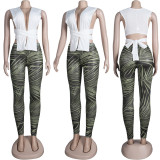 SC Sexy Solid Tie Up Sleeveless Top Print Pants Two Piece Sets FSXF-F312
