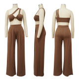 SC Solid Crop Top Wide Leg Pants Two Piece Sets YF-10157