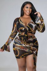 SC Plus Size Printed Slim Fit Long Sleeve And Skirt Two Piece Sets NK-8618