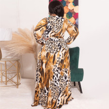 SC Plus Size Leopard Print Long Sleeve Long Dress With Belt OSIF-22349