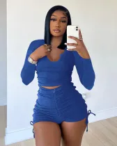 SC Solid Long Sleeve Drawstring Shorts 2 Piece Sets ME-8156