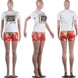 SC Plus Size T Shirt Camo Print Shorts Two Piece Sets FSL-078