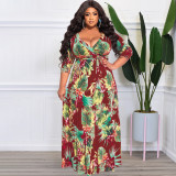 SC Plus Size Floral Print Sashes Maxi Dress OSIF-22350