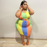 SC Plus Size Contrast Color Sleeveless 2 Piece Skirt Sets ONY-7008