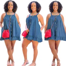 SC Casual Solid Color Sling Pocket Loose Denim Dress BGN-250