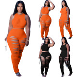 SC Plus Size Solid Hole Tank And Pants 2 Piece Sets JRF-3698