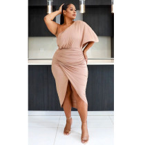 SC Plus Size Solid One Shoulder Irregular Midi Dress NNWF-7573