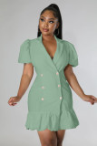 SC Plus Size Solid Double Breasted Puff Sleeve Blazer Dress HM-6620