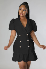 SC Plus Size Solid Double Breasted Puff Sleeve Blazer Dress HM-6620
