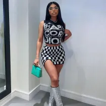 SC Sexy Sleeveless Plaid Mini Skirt 2 Piece Sets HMS-5551
