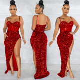 Sexy Sequin High Split Sling Long Evening Dress BY-5843