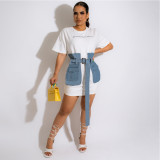 SC Denim Patchwork Short Sleeve Belted Mini Dress HNIF-HN087