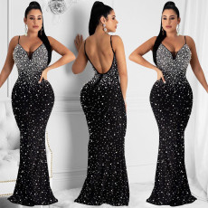 SC Sexy Hot Drilling Backless Sling Evening Dress BY-5852