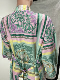 SC Plus Size Bohemian Print 3/4 Sleeve Sashes Coat YH-5267