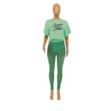 SC Plus Size Letter Print T Shirt+Mesh Pants 2 Piece Sets SXF-20401-2