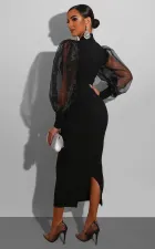 SC Black Long Sleeve Patchwork Split Midi Dress XHXF-211