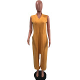 SC Plus Size Solid V Neck Sleeveless Harem Jumpsuit OMY-81027