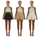 SC Solid High Waist Belted Wide Leg Shorts YIY-5346