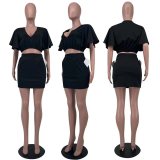 Solid V Neck Crop Top Mini Skirt 2 Piece Sets FST-7279