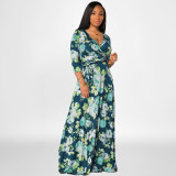 SC Plus Size Floral Print V Neck 3/4 Sleeve Sashes Maxi Dress OSIF-22421