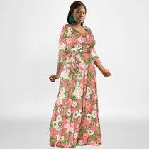 SC Plus Size Floral Print V Neck 3/4 Sleeve Sashes Maxi Dress OSIF-22421