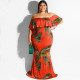 SC Plus Size Printed Slash Neck Maxi Dress OSIF-19377