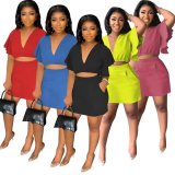 Solid V Neck Crop Top Mini Skirt 2 Piece Sets FST-7279