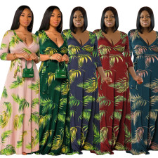 SC Plus Size Floral Print 3/4 Sleeve V Neck Sashes Maxi Dress OSIF-22422