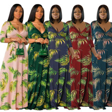 SC Plus Size Floral Print 3/4 Sleeve V Neck Sashes Maxi Dress OSIF-22422