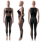 SC Black Sexy Hot Drilling Hollow Out Jumpsuit NIK-317