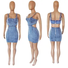 SC Denim Backless Sleeveless Strap Mini Dress LX-6938