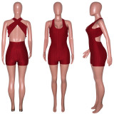 SC Solid Fitness Backless Cross Strap Tight Romper SH-390363