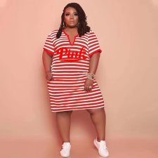 SC Plus Size Pink Letter Striped Short Sleeve Midi Dress FST-7280