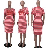 SC Plus Size Pink Letter Striped Short Sleeve Midi Dress FST-7280