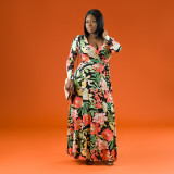 SC Plus Size Floral Print V Neck Long Sleeve Maxi Dress OSIF-21163