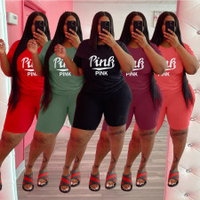 SC Plus Size Pink Letter Print Two Piece Shorts Sets WAF-71612