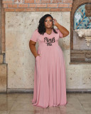 SC Plus Size Pink Letter Print Short Sleeve Maxi Dress WAF-774392