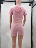 SC Solid Hooded Zipper Two Piece Shorts Sets TK-6249